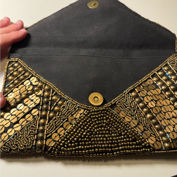 Nice Retro Brass Copper Tone Metallic Beaded Clutch Purse Bag Forever 21 - Picture 9 of 12